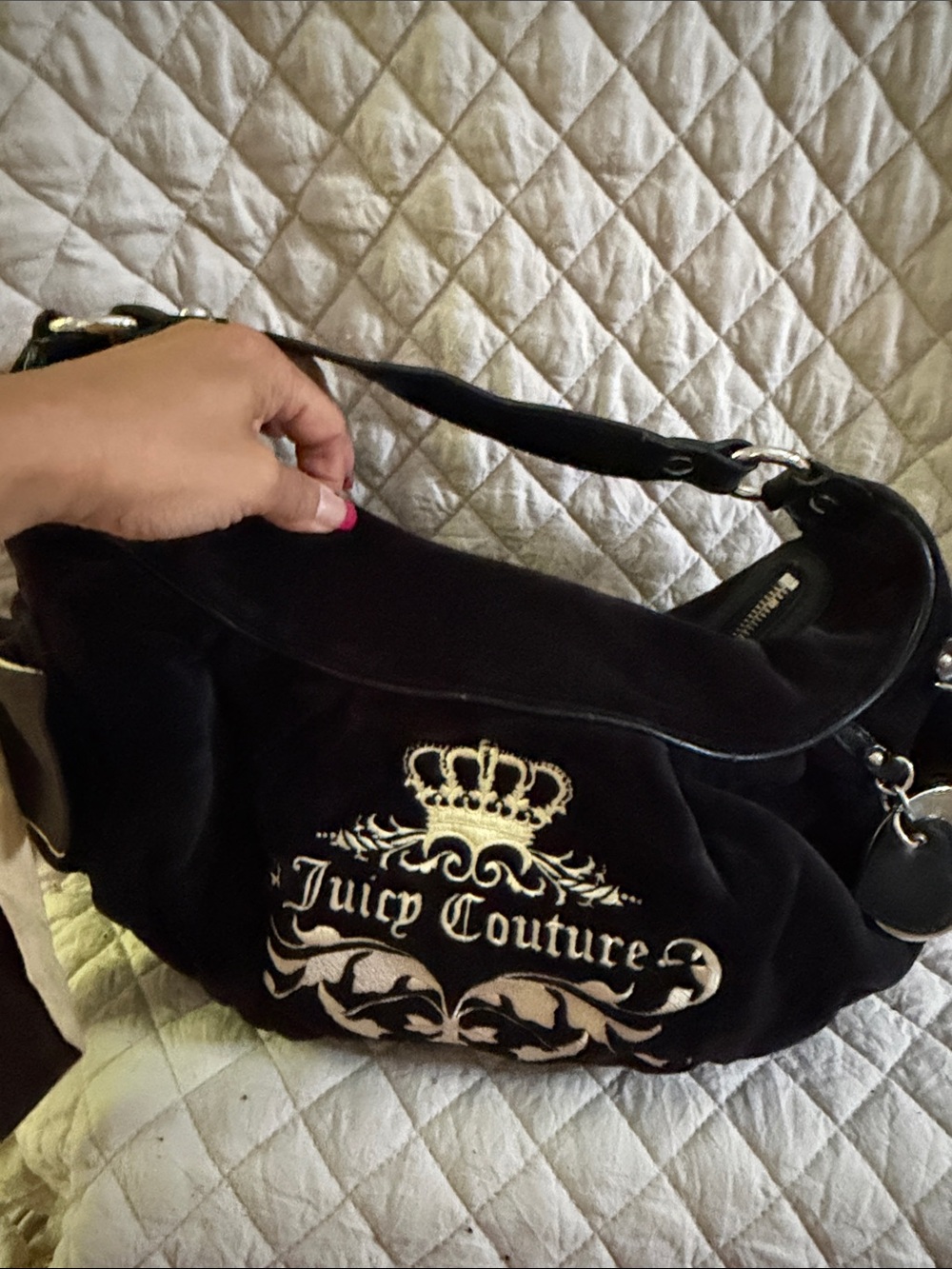 Juicy Couture Black Velour Embroidered Crest Shoulder Bag